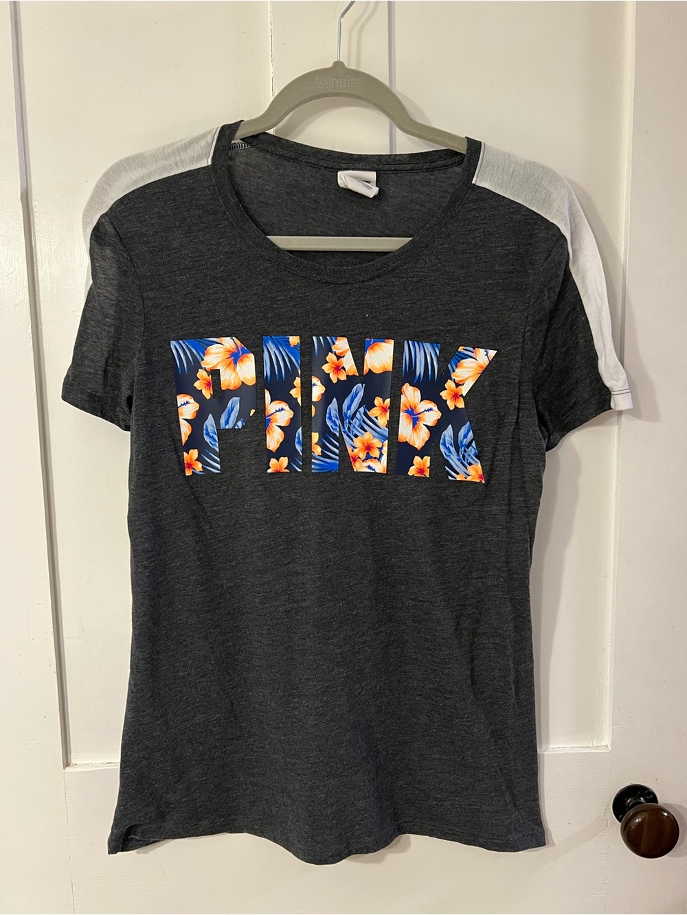 PINK Tropical Tee - Charcoal with White Shoulders